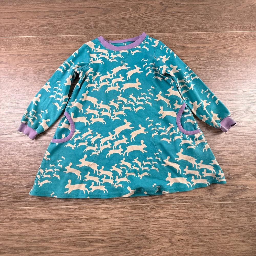 Garnet Hill Green Cotton Girls Leaping Bunny Rabbit Print Dress Size 6